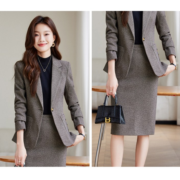 해피유통   여성 가을 겨울 정장 세트 슬림핏 블레이저 자켓과 펜슬 스커트 오피스룩  BJJ001