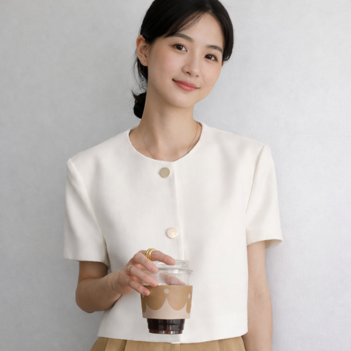 예은 데일리 라운드넥 금장 버튼 크롭 정장 반팔 재킷 하객룩 2610