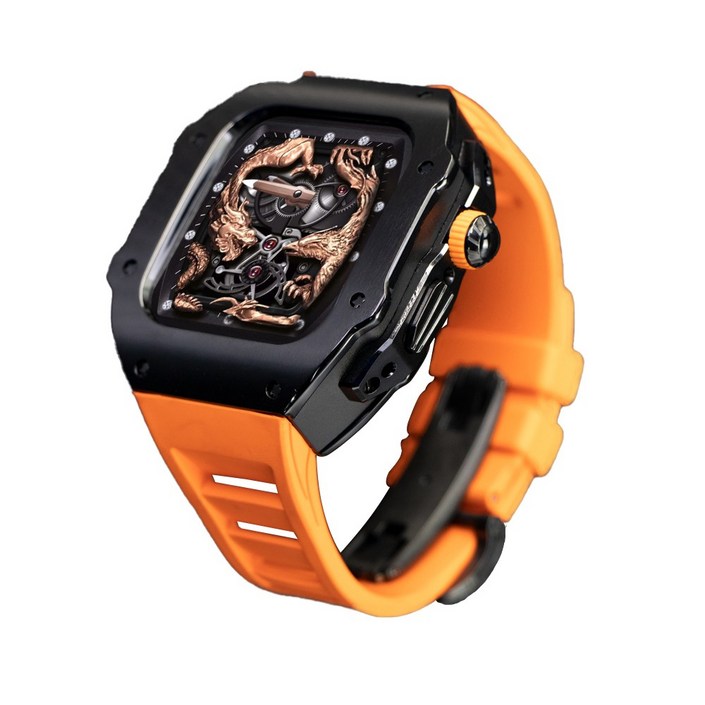 애차드밀 스틸 메탈 케이스 불소 고무 스트랩 밴드 호환 애플워치 울트라2 49 mm 시리즈 9 8 7 45 mmSE 시리즈 6 5 4 44mm, 블랙오렌지
