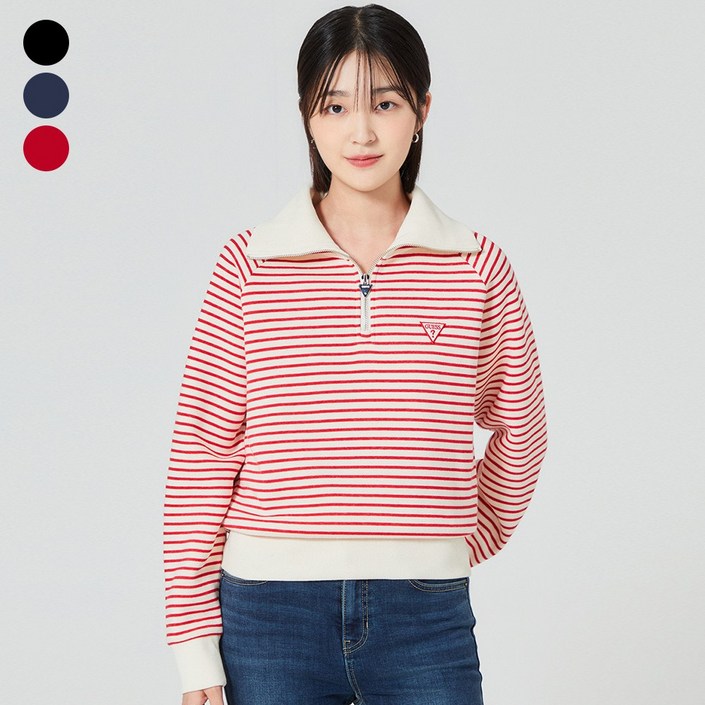 여성 스트라이프 기모 반넥 집업 OO4KE401