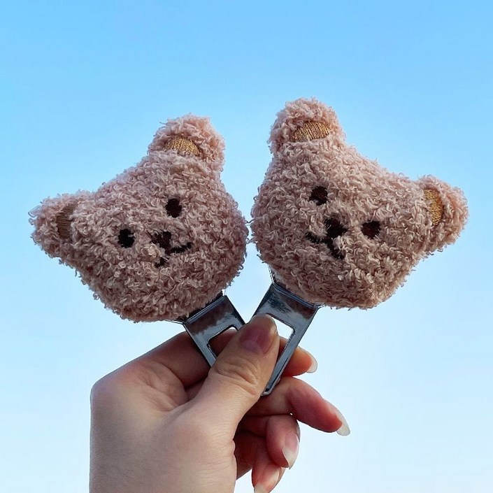 곰돌이 캐릭터 부드러운 털안감 차량용 안전벨트 연장 버클 클립 커넥터 2p 세트