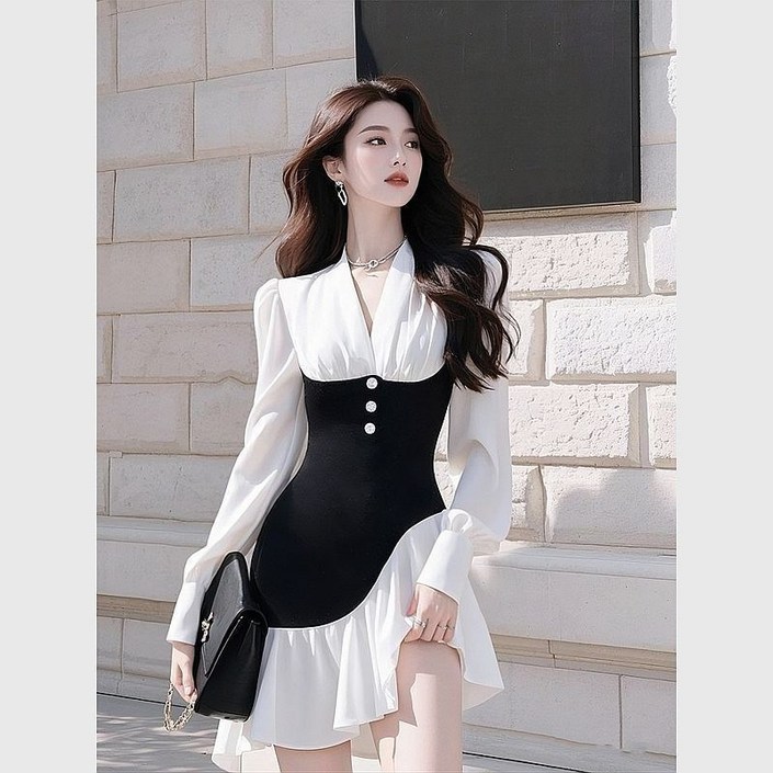 미중 여성 여름 뉴 양기 빅사이즈 젊은 배색 날씬 기질 명원 숙녀 단추 긴팔 브이넥 원피스 Yyy