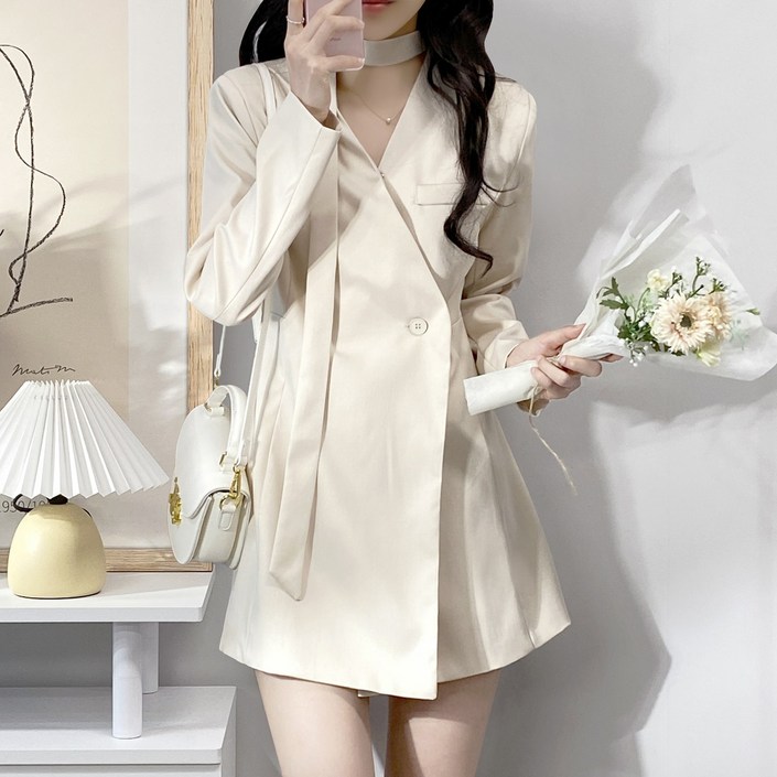 3color하객룩 블렌 타이 머플러 히든 버튼 브이넥 긴팔 자켓 미니 원피스 오피스룩 데이트룩 봄 가을 겨울 포멀룩 결혼식 상견례 소개팅