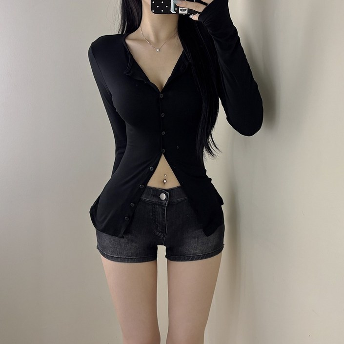 VANANA2 국내제작 슬림핏 팔뚝 커버 단추 반팔 티셔츠 4color