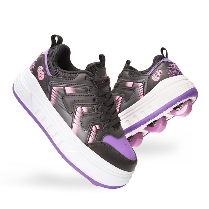 바퀴 달린 신발 간편한 롤러슈즈 4륜 롤러 스케이트화 스케이트 롤러 남녀 롤러스케이트 바퀴신발, 검은색, 1개