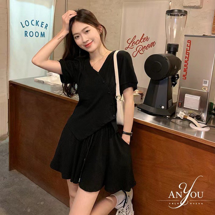 ANYOU 여름 여성 반팔 반바지 세트 데일리룩 휴가룩 여성트레이닝세트