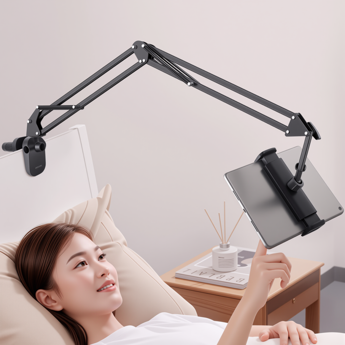 SOTCAR 침대형 태블릿 핸드폰 거치대 강화형  집게 고무패드 베이스 아이패드갤럭시탭삼성 갤럭시 핸드폰 거치대, 블랙, 1개