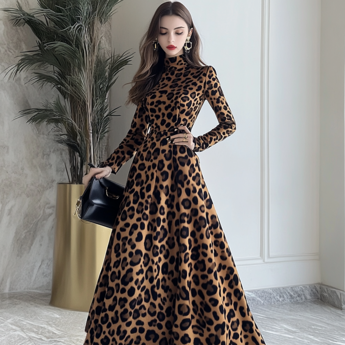 페이준 여성 가을 겨울 고급스러운 빈티지 호피 프린트 반하이넥 슬림핏 원피스 YJ11570