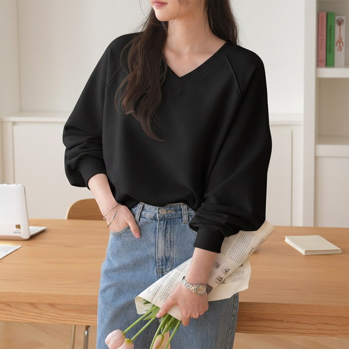 데일리앤 무트 브이넥 나그랑 오버핏 쭈리 면 맨투맨 여성 빅사이즈 긴팔 티셔츠