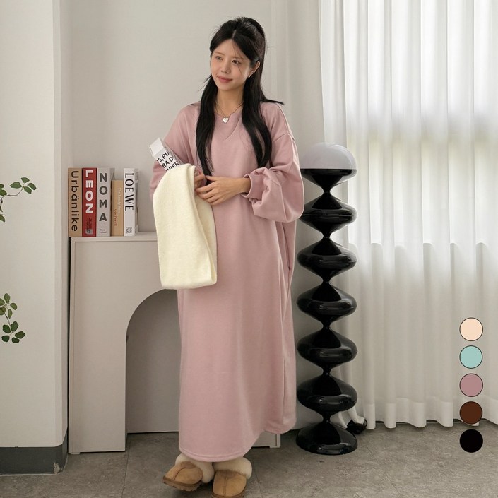 디테일웨어 여성 기모 삼각 박시 롱원피스 빅사이즈 오버핏 편한원피스 포켓포함 젊줌마 임산부 원피스 임부복 홈웨어 파자마원피스