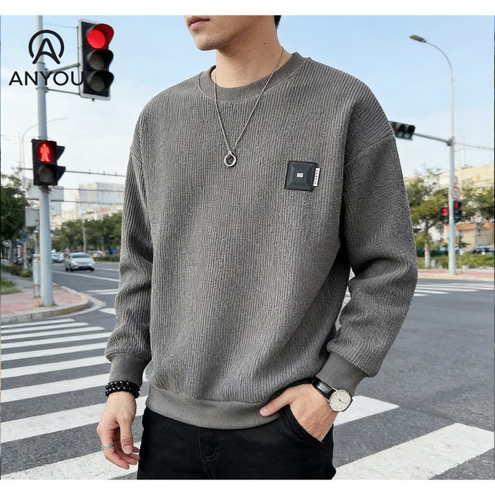 ANYOU 남성 봄 가을 라운드 긴팔 맨투맨 루즈핏 상의