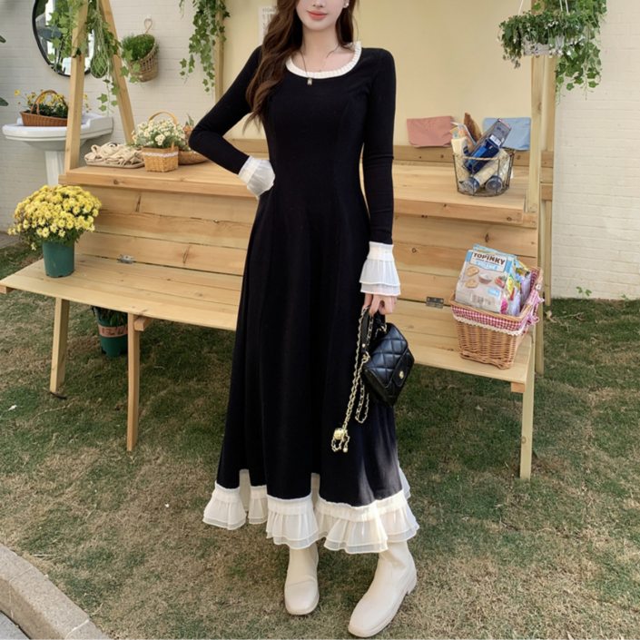 네디아 검정 베이지 배색 프릴 긴팔 롱 원피스 빅사이즈까지