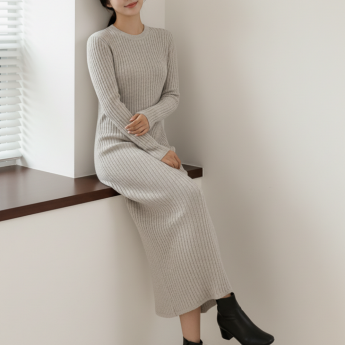 쁘띠엘라 발목기장 롱 원피스 라운드 골지 니트