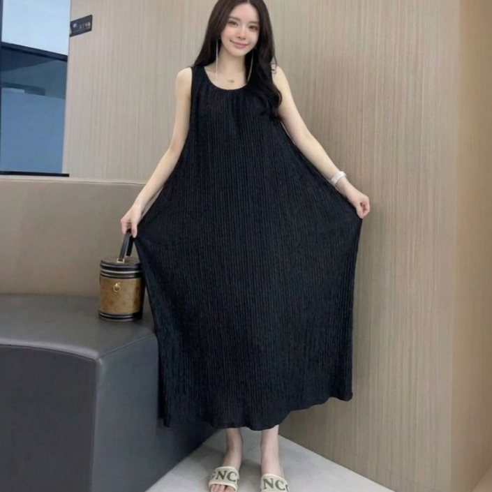 쁘띠엘라 발목기장 플리츠 빅사이즈 롱 원피스 주름 민소매 뷔스티에 나시