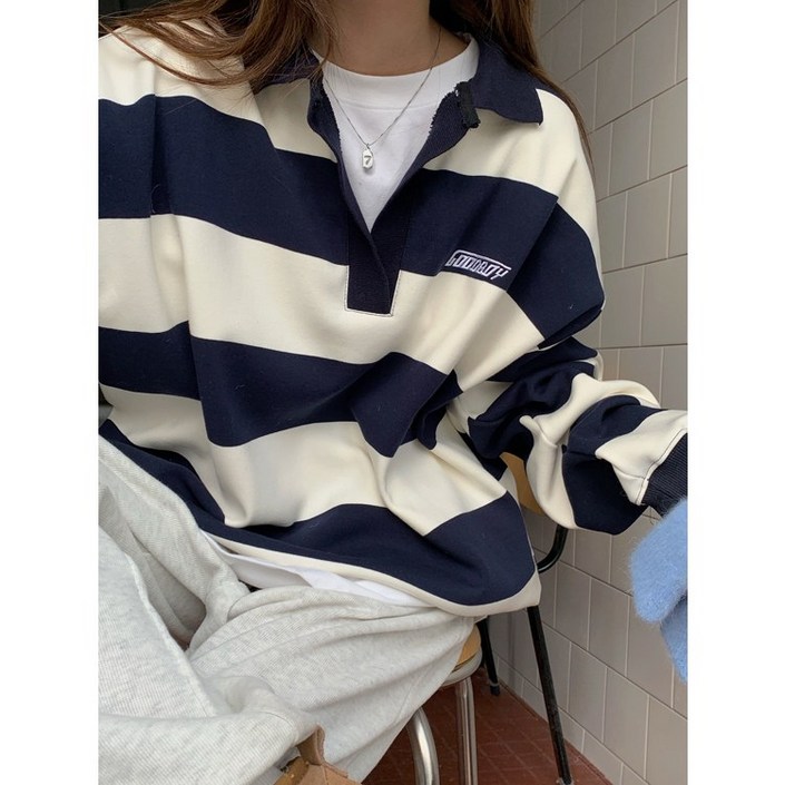 57차입고무료배송 캐주얼 스트라이프 루즈핏 오버핏 프레피룩 자수 럭비셔츠