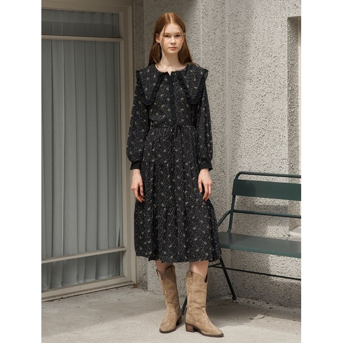 르샵. 플라워 패턴 프릴 카라 긴팔 원피스 DP3OW023A