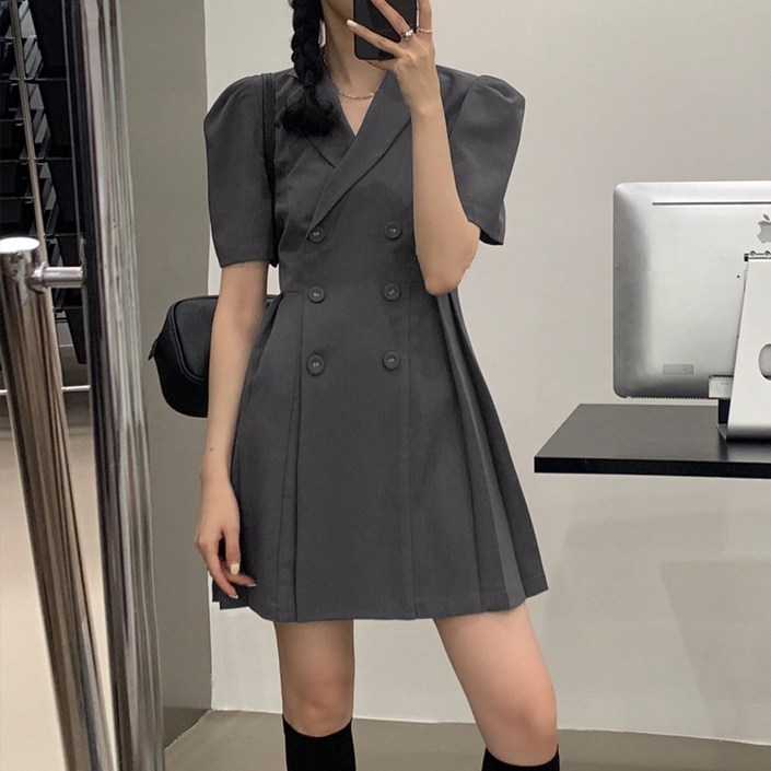 더블 버튼 정장 퍼프 소매 미니 반팔 카라넥 원피스 여성 더블 버튼 정장 퍼프 소매 미니 반팔 카라넥 원피스 여성