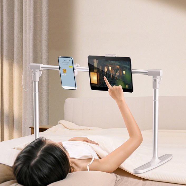 VANKIN 접이식 침대용 휴대폰 거치대 침대용 태블릿 거치대 높이 폭 조절 가능 듀얼 헤드 라이브 스탠드, 화이트, 1개, 거치대 풀세트