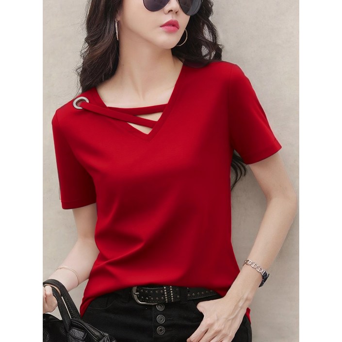 여름 신상 브이넥 반팔 캐주얼 티 상의