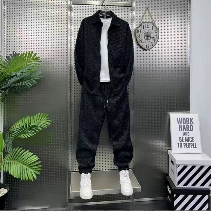 남성 상하세트 봄가을 빅사이즈 긴팔 셔츠 외투 밴딩 와이드팬츠 루즈핏 조거팬츠 긴바지 투피스 세트