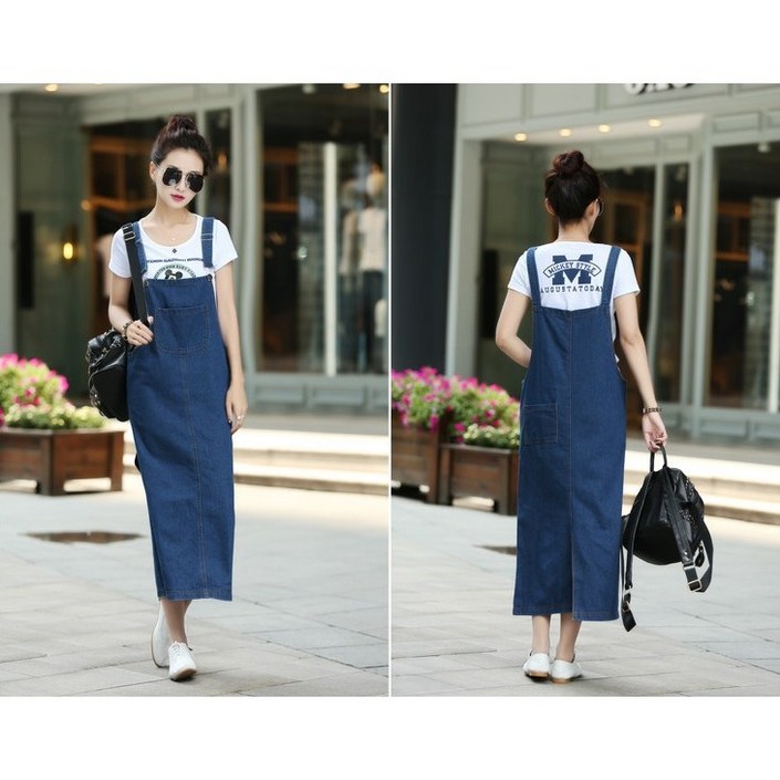 지오엘 청이 좋아 데님 루즈핏 롱 멜빵 원피스