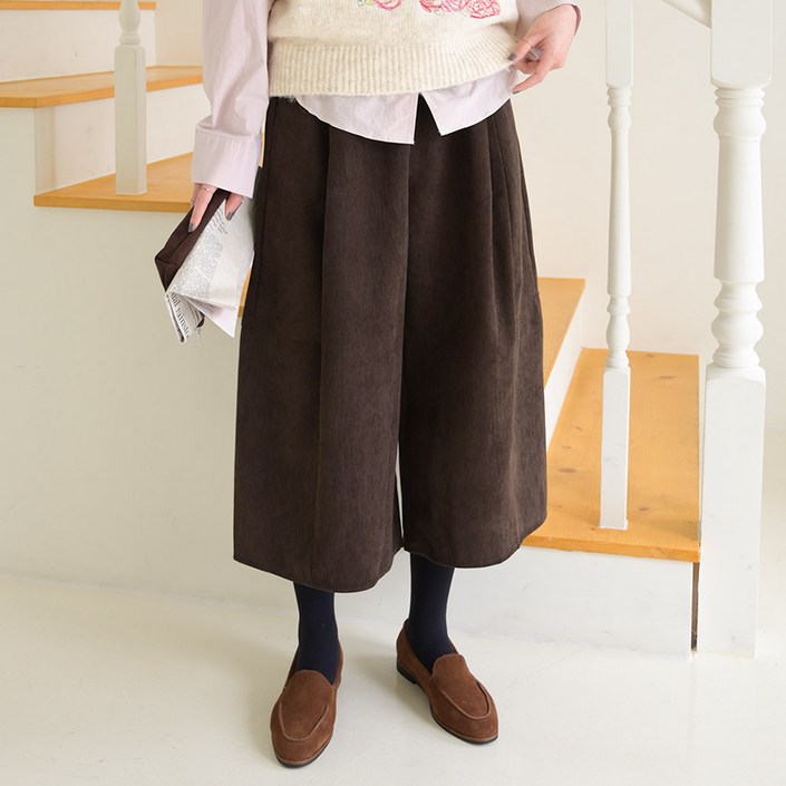데일리앤 리틀 여성 코듀로이 벌룬 밴딩 8부 핀턱 와이드 큐롯 치마바지 가을 겨울 7부 스커트팬츠