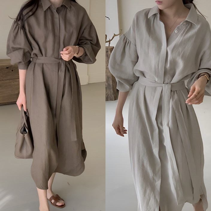 소솜 여성 간절기 린넨 셔츠 원피스 루즈핏 롱 긴팔 벌룬소매 출근룩