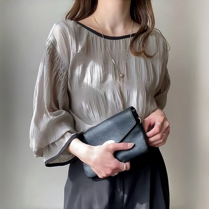 SAHINER 여성 블라우스 라운드넥 플리츠 퍼프소매 긴팔 봄가을 BCS54