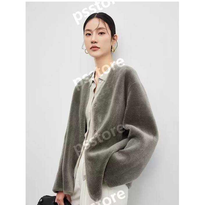양털 울 합성 모피 원피스 짧은 V 넥 심플 모피 코트 여성무스탕 리얼 양털 양모 울 시어링 퍼 브이넥 노카라 가디건 자켓