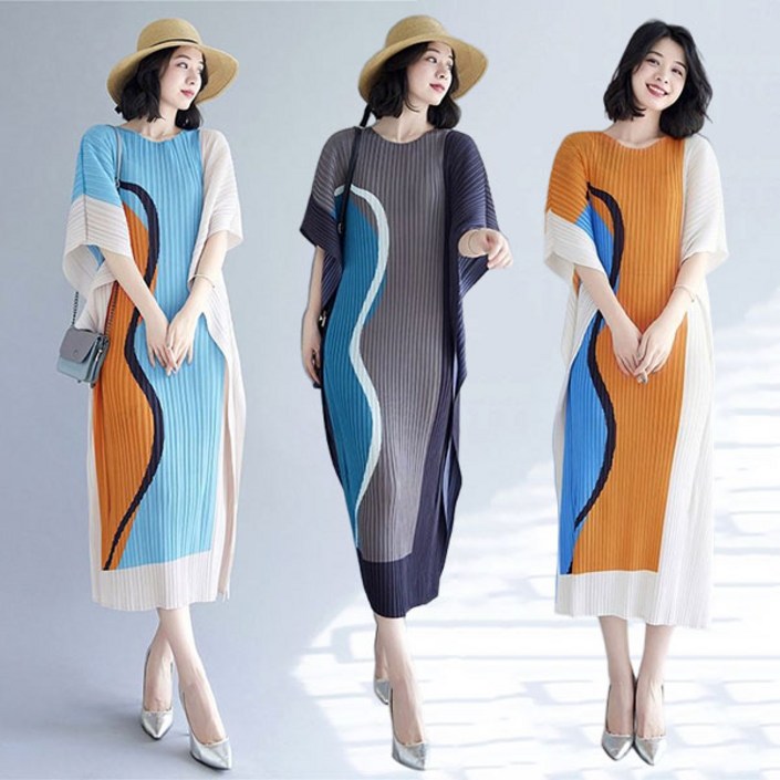 FINE ART 여성 가오리 플리츠 원피스 프린팅 롱 주름옷 냉감 반팔 원피스 스판 롱원피스 오버핏 데일리