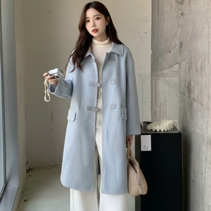 JJ 여성용 핸드메이드 롱 코트 울 체형커버 루즈핏 봄 코트