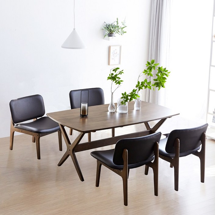 리비니아 릴렉스 원목 낮은 4인 1600 와이드 식탁세트의자4개의자2개벤치의자1개 2type 2color, 월넛