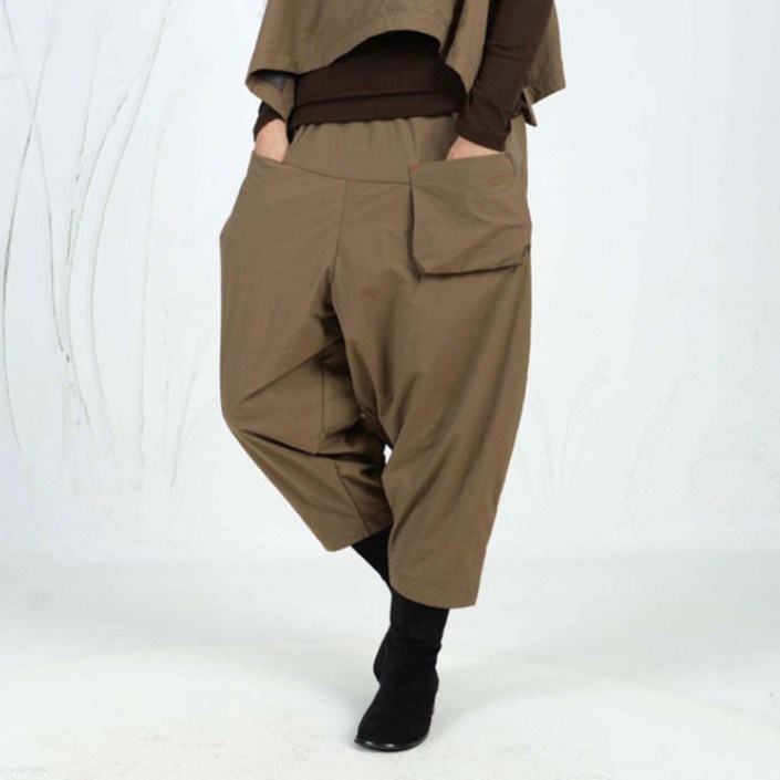 벅시루 여성 베로나 비대칭 포켓 나일론 합포 루즈핏 데일리 마담 시크룩 8부 허리밴딩 배기팬츠