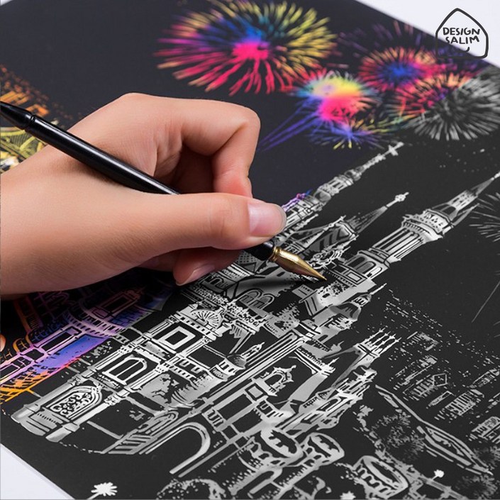 A4 6종세트  고급전용펜 스크래치 나이트뷰 페이퍼 그림 그리기 아트테라피