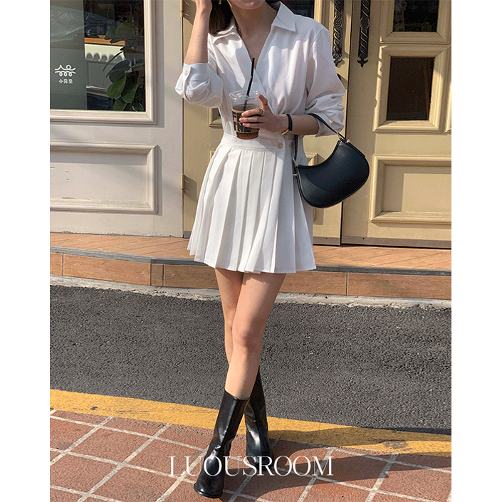 루어스룸 체린 브이넥 랩 버튼 플리츠 셔츠 미니 원피스