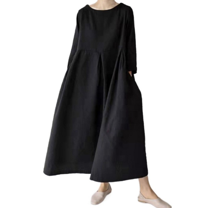 퀸앤조이 내추럴핏 핀턱 플레어 린넨 롱원피스