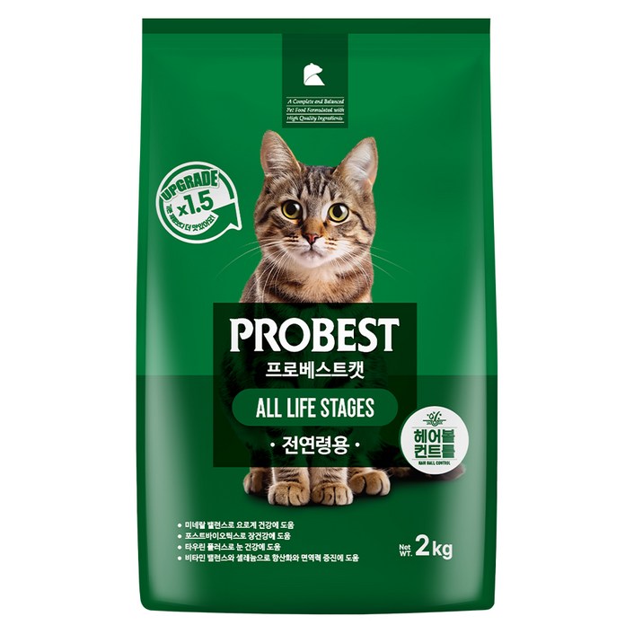 프로베스트 고양이 그린 전연령 기능성 사료, 헤어볼+장건강, 2kg, 1개