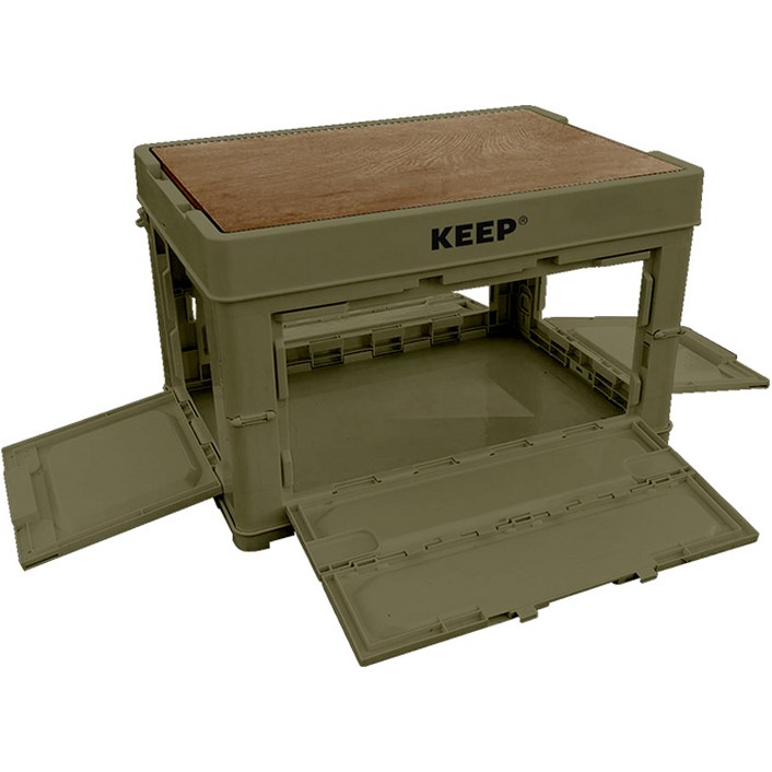 KEEP 캠핑 다용도 4면 멀티 오픈형 폴딩 박스 60L  우드 상판 세트, 1세트, 카키