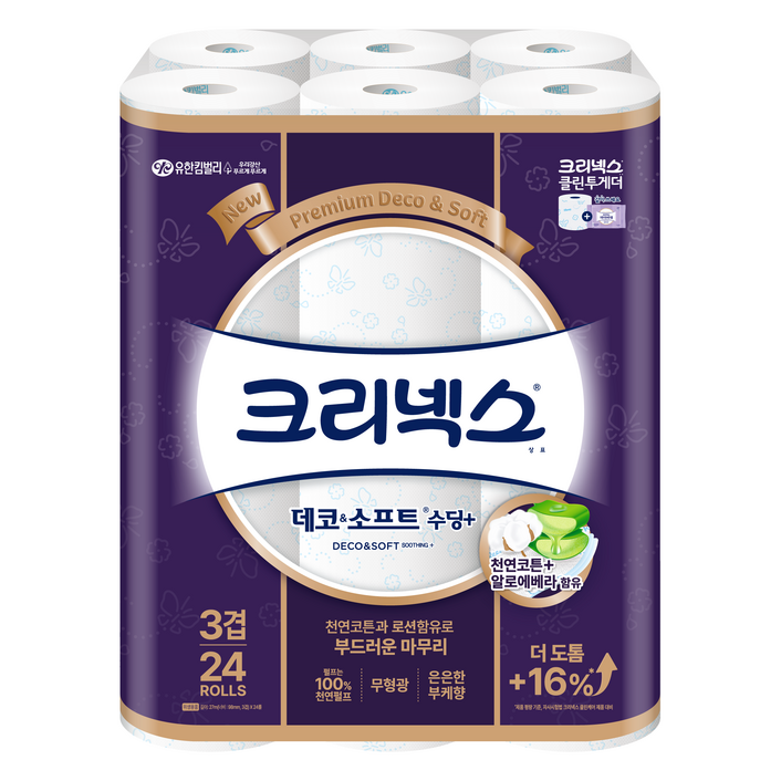 크리넥스 천연펄프 3겹 데코 앤 소프트 수딩플러스 화장지 27m 크리넥스 천연펄프 3겹 데코 앤 소프트 수딩플러스 화장지 27m