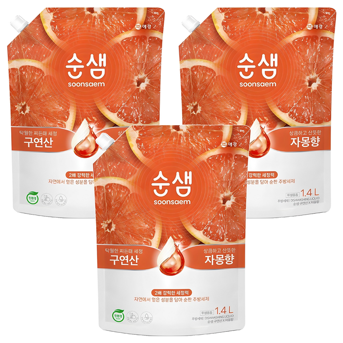 순샘 구연산 자몽향 주방세제 리필, 1.4L, 3개