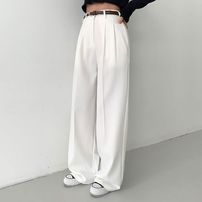 플랜데이 여성용 숏/미디움/롱 덴비 찰랑 와이드 핀턱 슬랙스