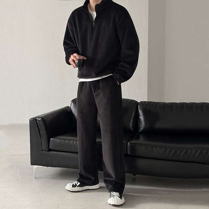 베이직바이블 [SET]기모 골덴 후리스 코듀로이 트레이닝 세트 셋업 오버핏 반집업 조거팬츠 와이드팬츠(4color)