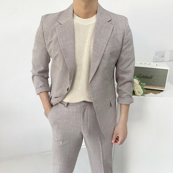 남자 여름 구김없는 결혼식하객룩 린넨 스판 보카시 체크 세미캐주얼 정장 셋업 수트
