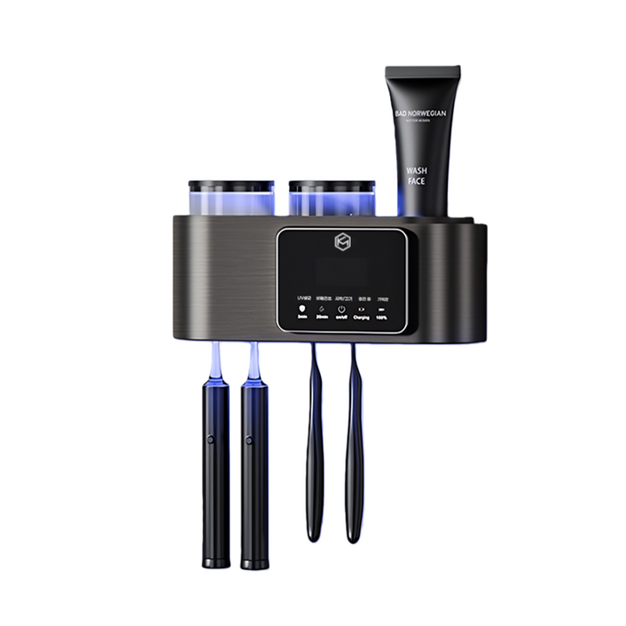 케이엠 무타공 설치 스마트 무선충전 가정용 살균 건조 양치컵세트 칫솔살균기, 그레이