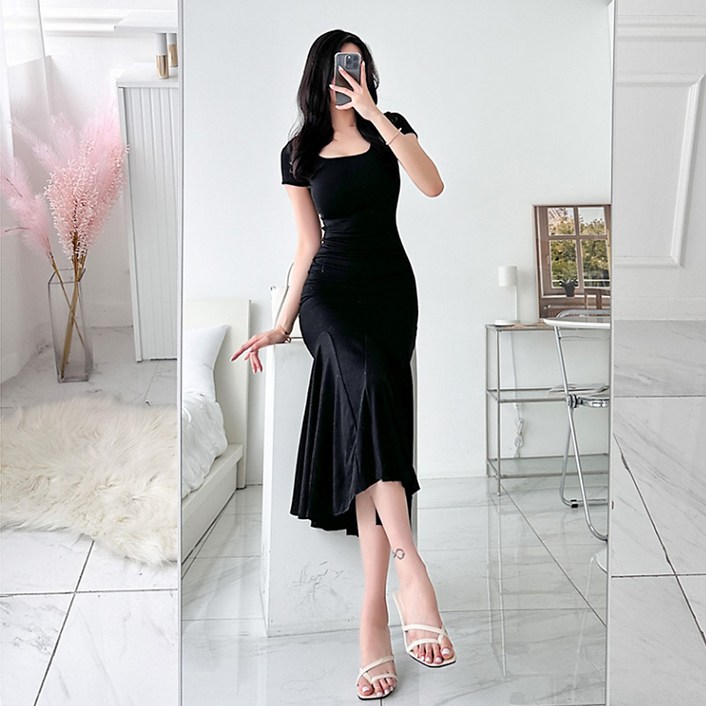 글램디브 세르닌 여름 데일리룩 머메이드핏 맥시 스퀘어넥 셔링 여성 반팔 롱원피스 AB2049