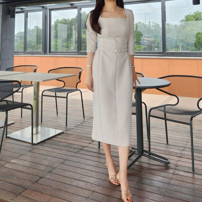 스퀘어넥 벨트 정장원피스 여성 블랙 H라인 하객 칠부 롱원피스 오피스룩