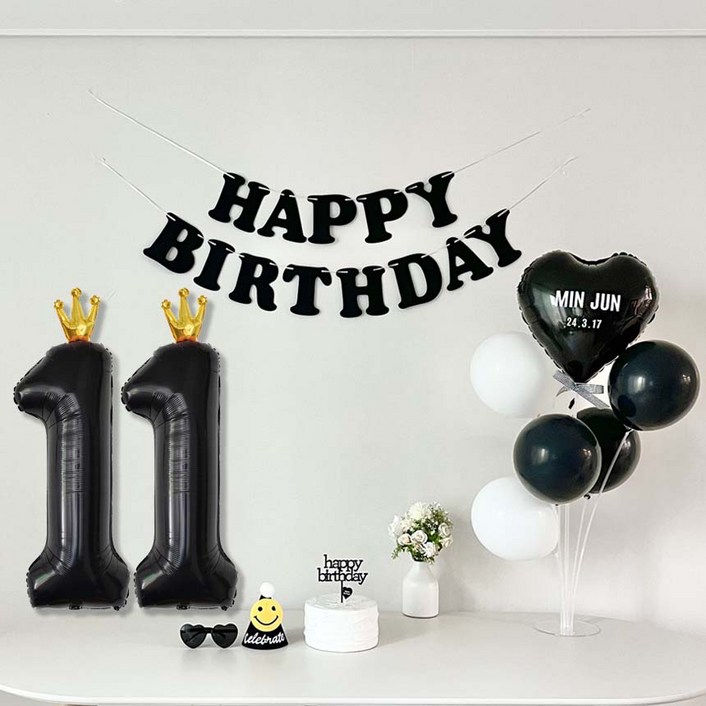 연지마켓 생일가랜드 생일 파티 용품 세트 숫자 하트 풍선 (자유레터링), 1세트, 블랙