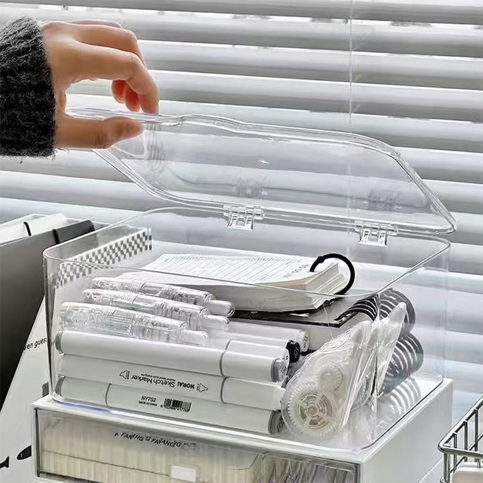 클린 다용도 보관함 덮개형 투명 정리 수납 옷장 책상정리, 1개, 투명화이트