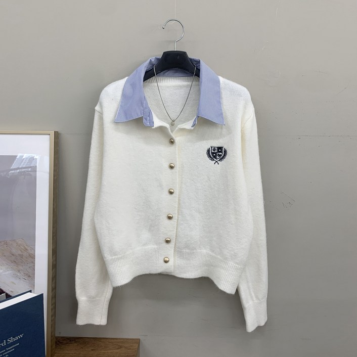 [행복여] 모딘 스트라이프 셔츠 카라 레이어드 니트 가디건