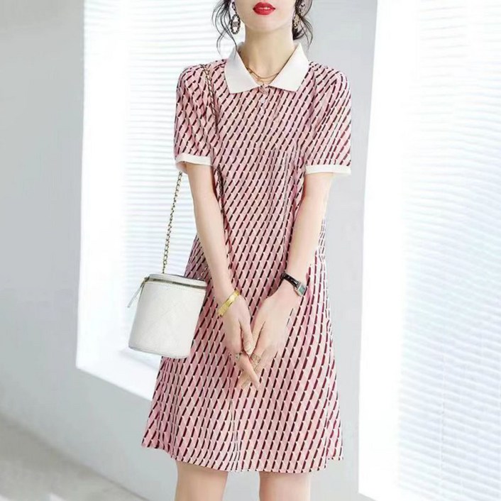 ROYALBELLE 여성 카라넥 프린트 반팔 원피스 배색 반오픈 단추 미디 A라인 원피스 J053130